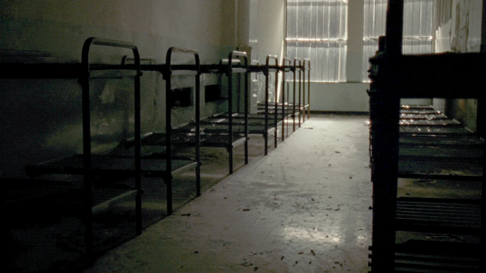 Rows of stripped metal bed frames in an abandoned institutional dormitory