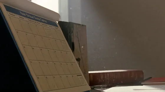 A wall calendar and a statute volume on a desk in raking light