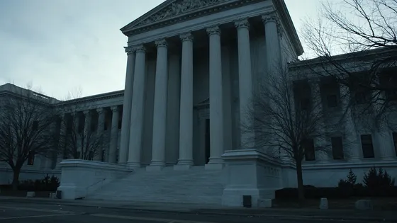 The marble columns and empty steps of a supreme court building at dawn